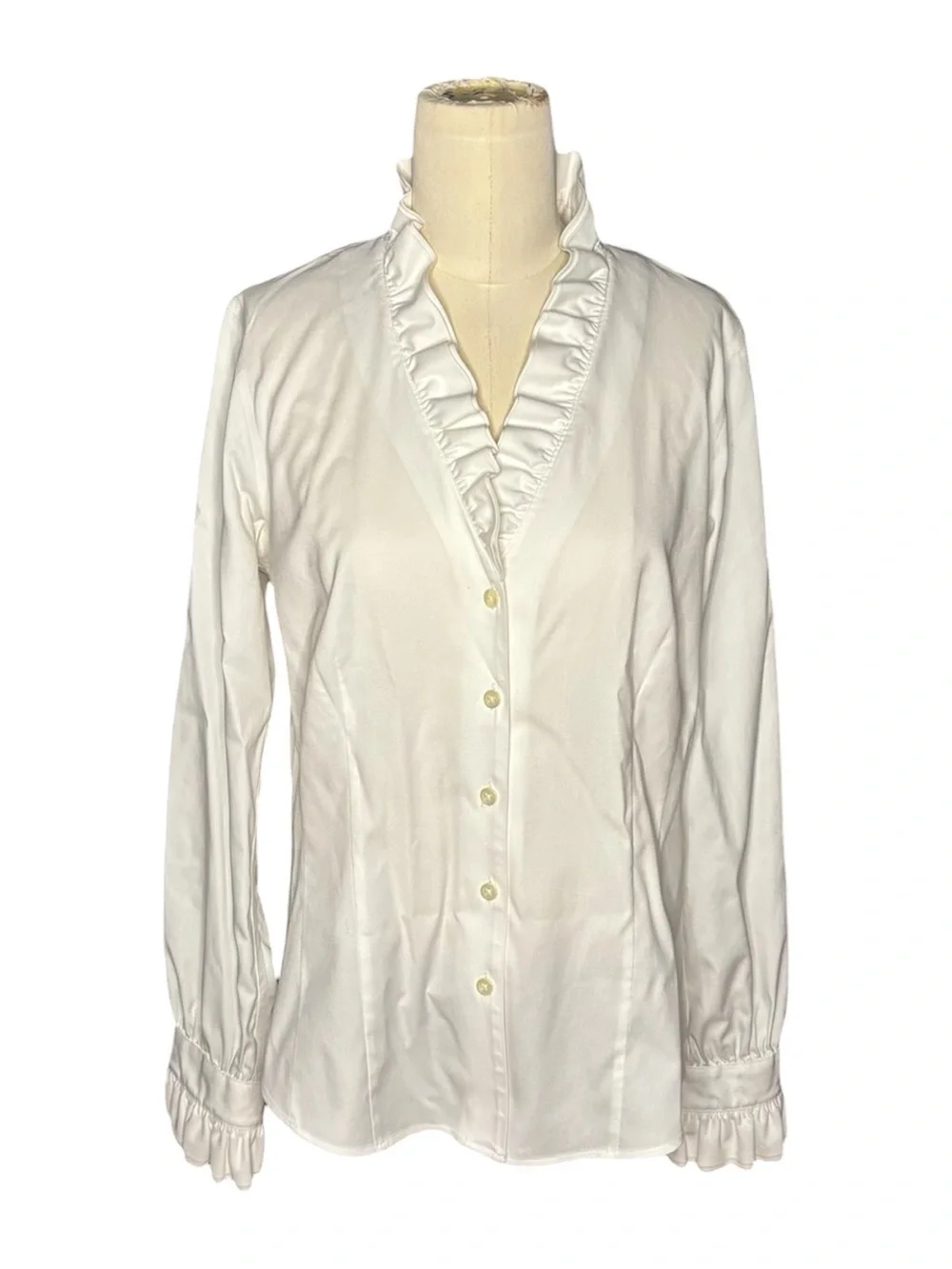 Brooks Brothers White Ruffle Neck Button Down Blouse - Picture 2 of 6